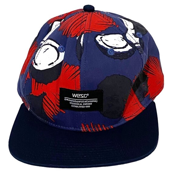 WeSC Coconuts Snapback Hat One Size Blue High Crown Six Panels Eyelets Flat Bill - Picture 1 of 8